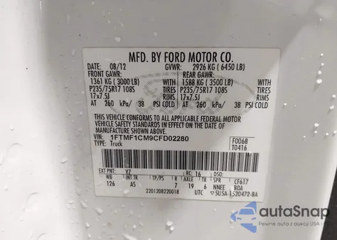 2012 Ford F-150 Xl из США, поврежденный, VIN 1FTMF1CM9CFD02280